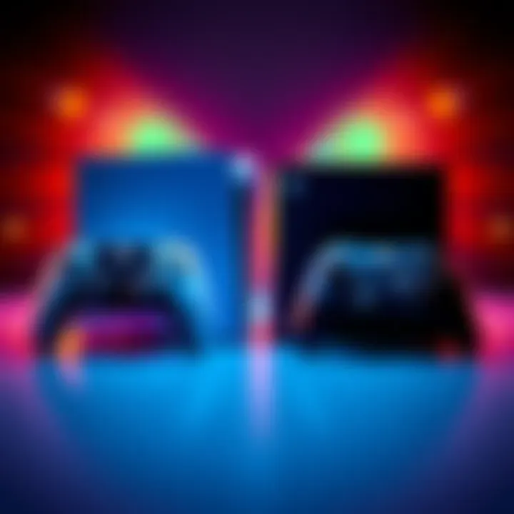 Two gaming consoles, PS5 Pro and Xbox Series X, side by side with game controllers