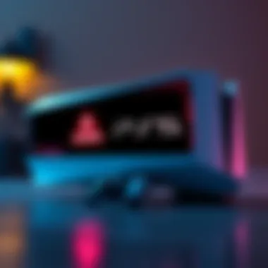 A PlayStation 5 console displayed with a flashing warning sign indicating a shutdown issue