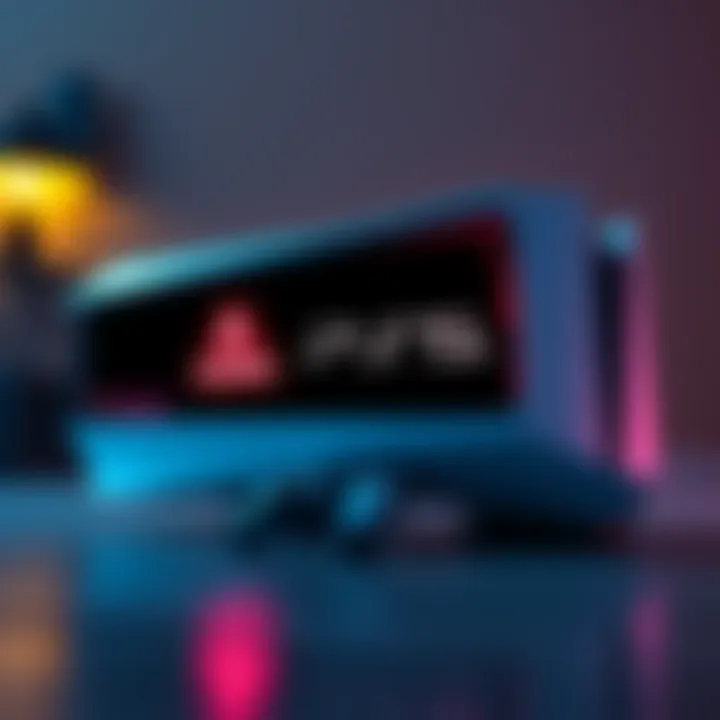 A PlayStation 5 console displayed with a flashing warning sign indicating a shutdown issue