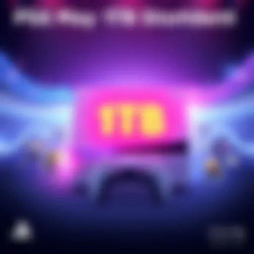 Concept illustration of a PS6 console with 1TB storage display and smaller game icons around it