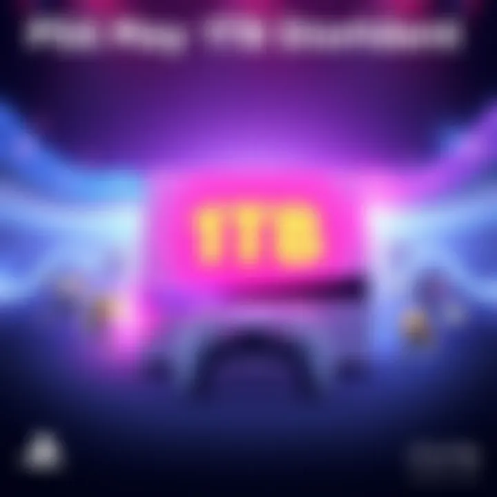 Concept illustration of a PS6 console with 1TB storage display and smaller game icons around it