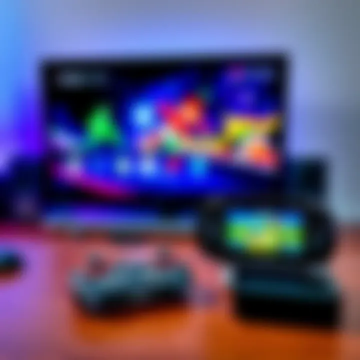 A PlayStation TV connected to a TV, showcasing the PS Vita games on screen, with the console and controller nearby