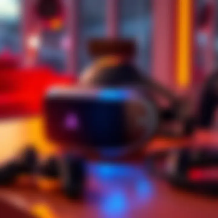 PSVR 1 headset on a table A PlayStation VR 1 headset placed on a table with controllers nearby, showcasing its design and features