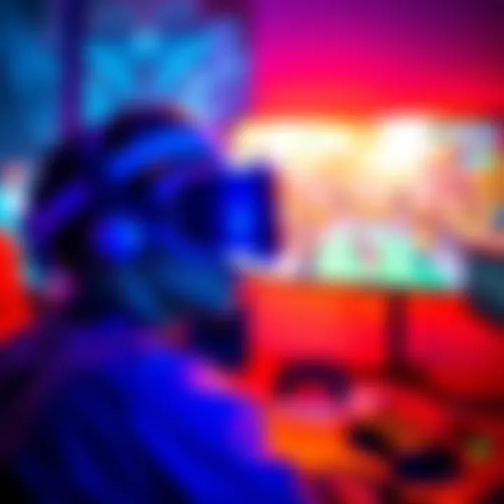 A gamer wearing a PSVR2 headset, enjoying an exclusive game with vibrant graphics on screen, surrounded by gaming accessories