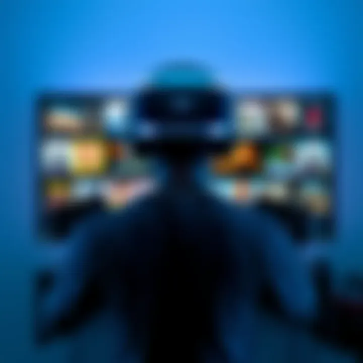 A person wearing a PSVR2 headset, holding controllers, surrounded by various game titles on a screen.