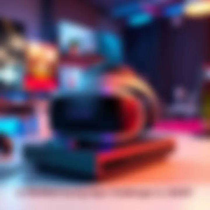 A PSVR2 headset placed on a gaming console with a blurred background of a gaming room, showcasing the gaming environment and modern technology.