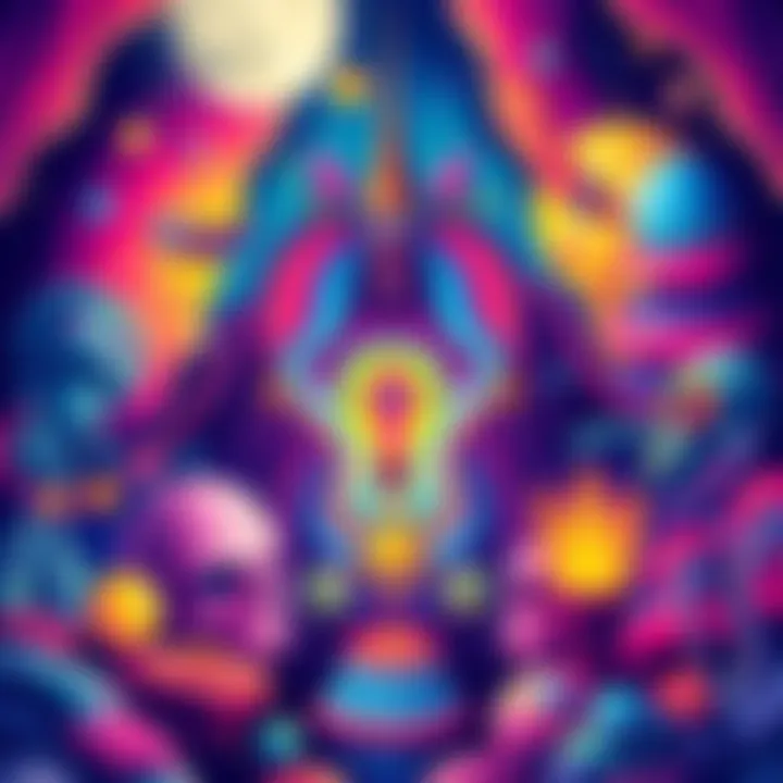 Colorful digital artwork featuring characters and elements from psychedelic games like Llamasoft and Akka Arrh