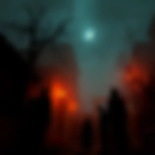 A dark, eerie scene with silhouettes of characters in a haunted environment, showcasing elements of fear and suspense in a psychological horror game.