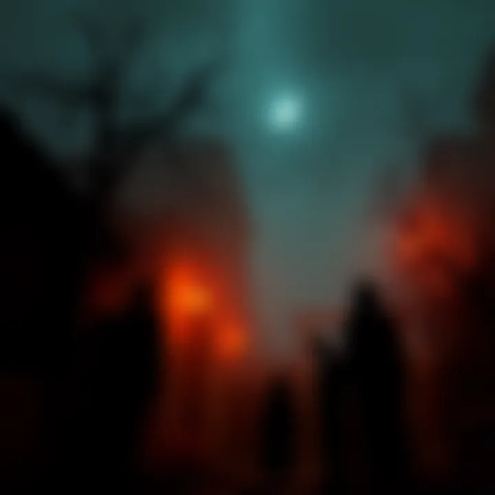 A dark, eerie scene with silhouettes of characters in a haunted environment, showcasing elements of fear and suspense in a psychological horror game.