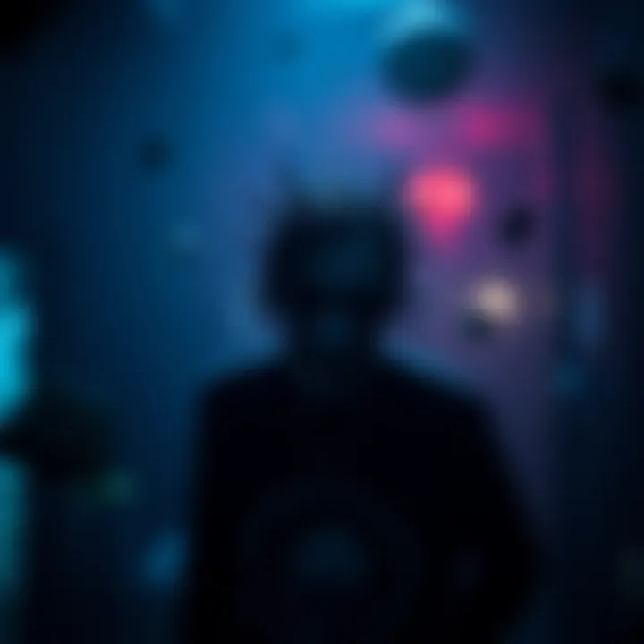 A dark and eerie game setting with a distorted character in the foreground, surrounded by unsettling visuals.