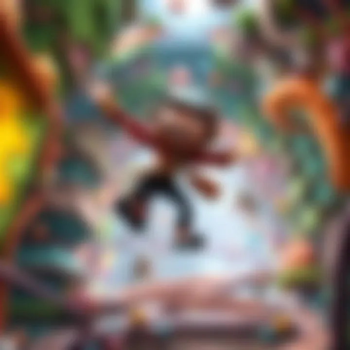 Character from Psychonauts 2 A character from Psychonauts 2 jumping through a colorful and surreal environment, showcasing gameplay elements and whimsy.