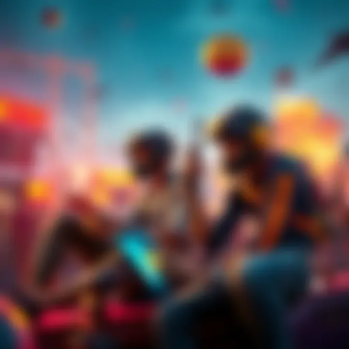 Group of friends playing PUBG Mobile together, celebrating victories and enjoying the game during its early days, surrounded by colorful graphics and vibrant in-game environments.