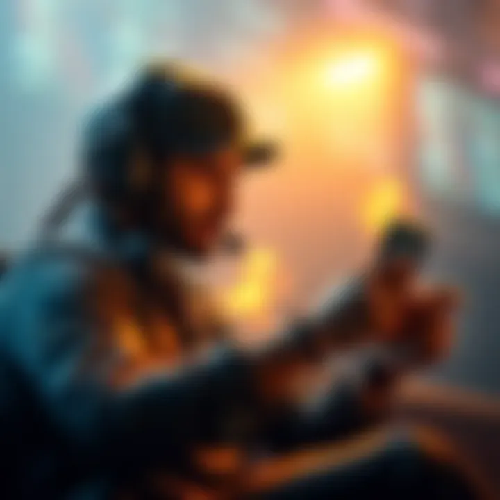 PUBG Mobile Player in Action A gamer focused on playing PUBG Mobile on a mobile device, showcasing intense concentration and excitement during gameplay.