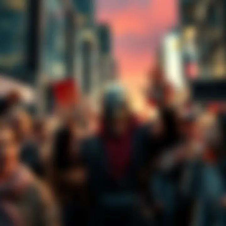 A group of people expressing anger and frustration towards a figure representing Arkveld in a city setting