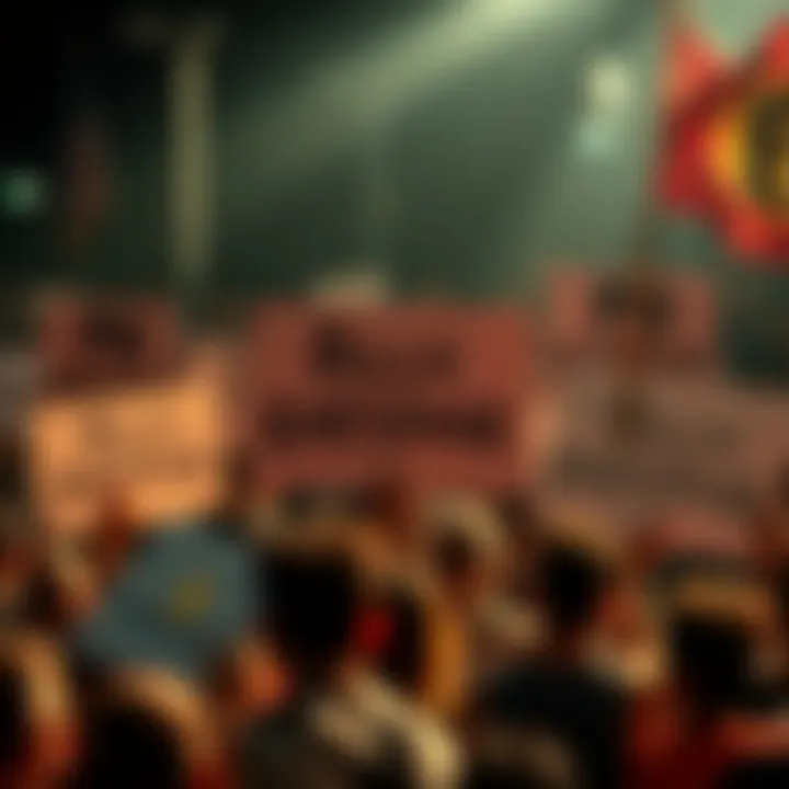 Public Outrage Over Fight Design Crowd of people holding signs demanding accountability for controversial fight design