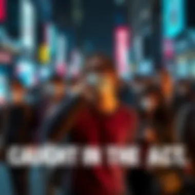 A group of surprised onlookers witnessing a person removing a mask in a busy street