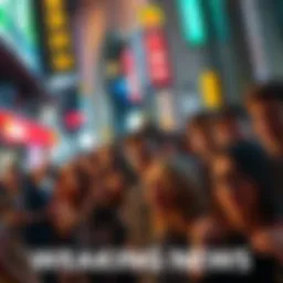 Crowd of people expressing surprise and curiosity over breaking news in a lively urban setting