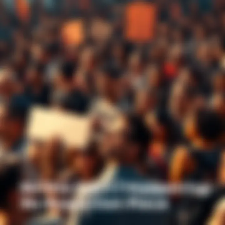 A crowd of diverse people expressing shock and disbelief at a recent event, with some holding signs and others discussing passionately.