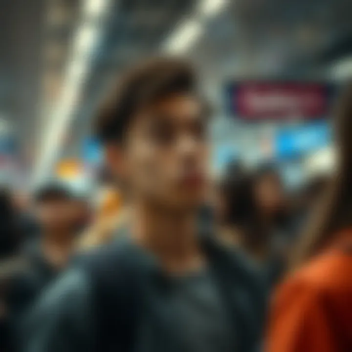 A worried person looking around in a crowded public space, showing signs of anxiety and unease.