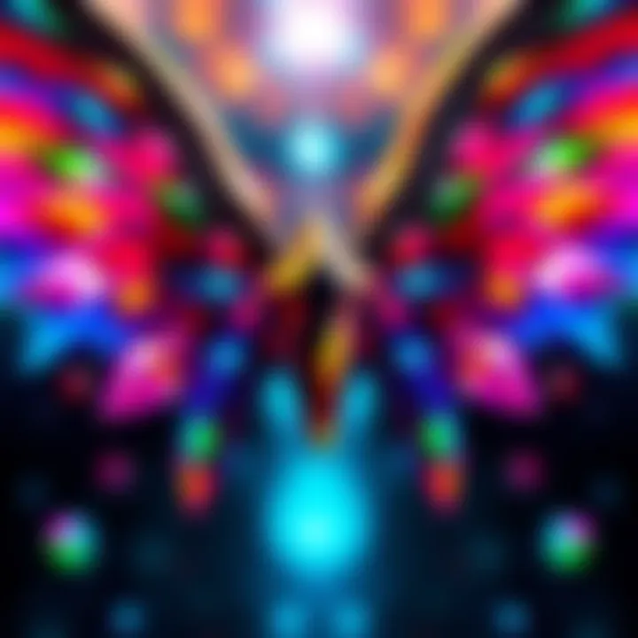 A close-up of Dota 2 Puck wings adorned with colorful gems, showcasing their detailed design and vibrant colors.