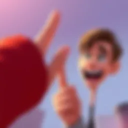 A cartoon character pulling a friend's finger with a playful expression, emphasizing humor