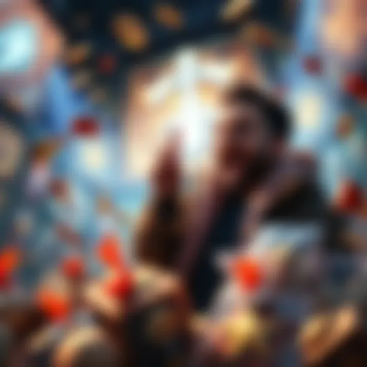 Pulling for Mythic Items A player excitedly pulling for mythic and legendary items in a game, surrounded by in-game currency and rewards, showcasing the thrill of the hunt.