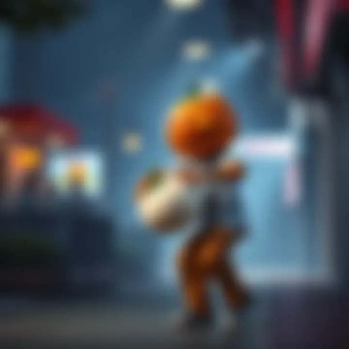 Character with a pumpkin head performing dance moves while holding a white tomato