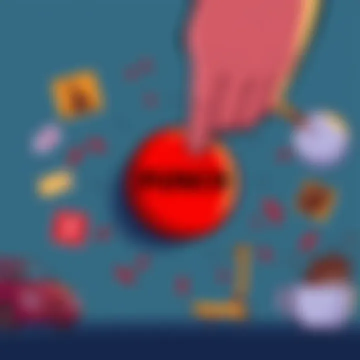 A cartoon depiction of a large red button labeled 'PUNCH' with a hand about to hit it, surrounded by everyday frustration symbols like traffic jams and spilled coffee.
