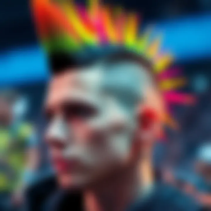 A close-up of a vibrant punk mohawk hairstyle, showcasing its unique spiky design and bold colors, reflecting gaming culture.