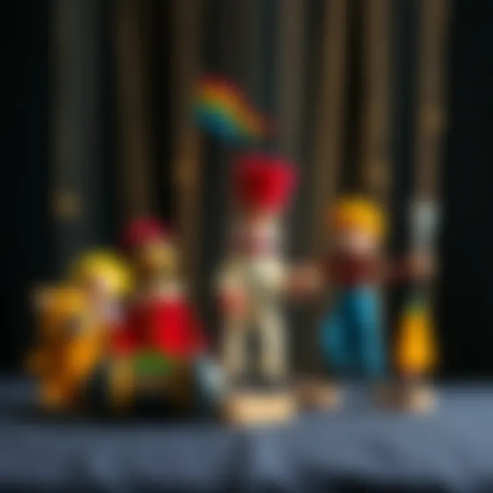 A crafted puppet master art piece with colorful puppets and strings, symbolizing creativity and a personal touch for a gift.
