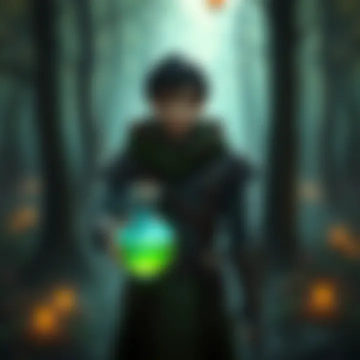 A character holding a glowing potion in a mystical forest, symbolizing the quest in Isle of the Alchemists