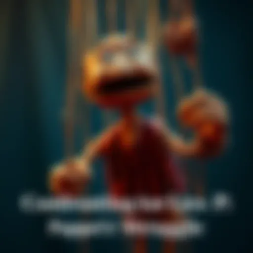 A puppet with strings tangled, looking determined to break free, symbolizing the fight for independence and self-control.