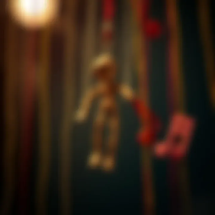 A wooden puppet suspended by colorful strings, symbolizing nostalgia and emotional connections, surrounded by musical notes.