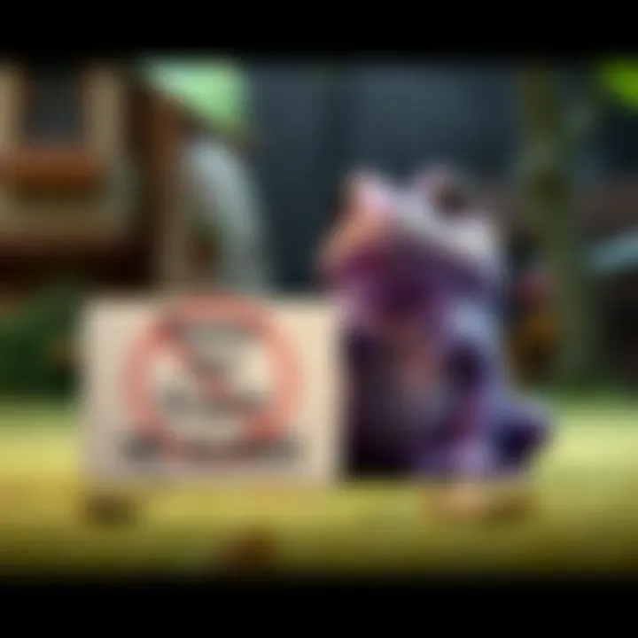 A giant purple toad sitting next to a sign that says 'Names Not Allowed' in a playful setting
