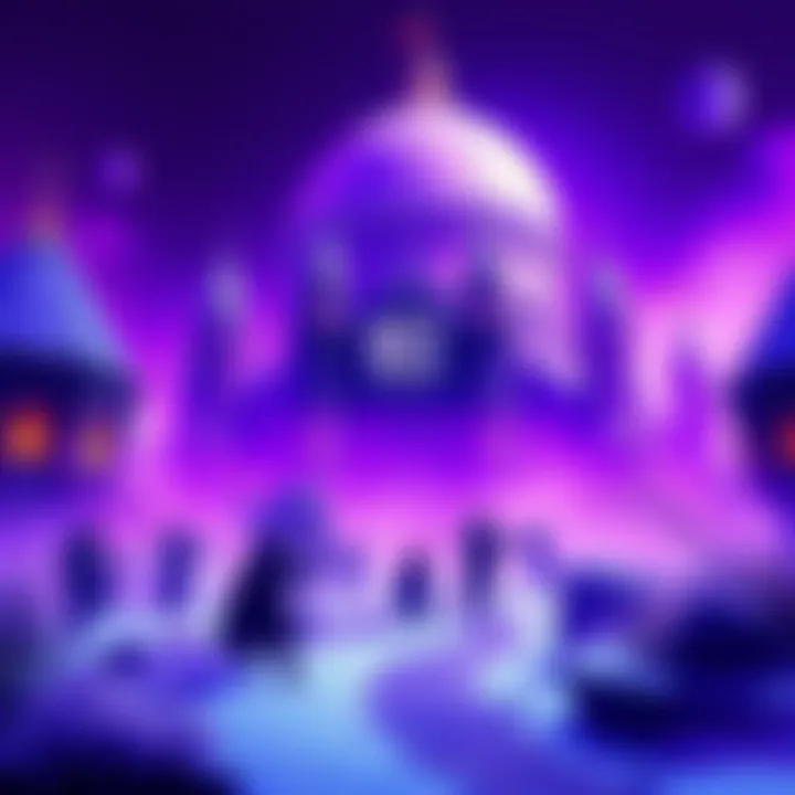 A view of Blizzard World with a strong purple filter affecting the environment and characters