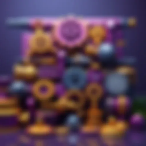 A display of various purple and gold gear items stacked together, showcasing their color and design, suitable for level 40 gameplay.