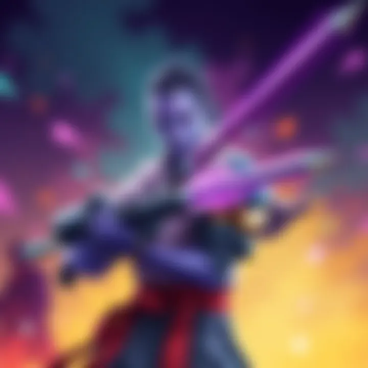 A character with purple skin holding a Gunlance, resembling a Japanese man, set against a colorful background.