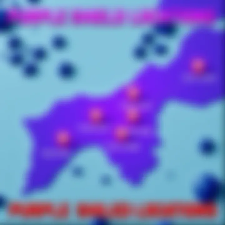 A map highlighting various locations for farming Purple Shields outside the Cryo area, featuring marked spots for efficient gameplay