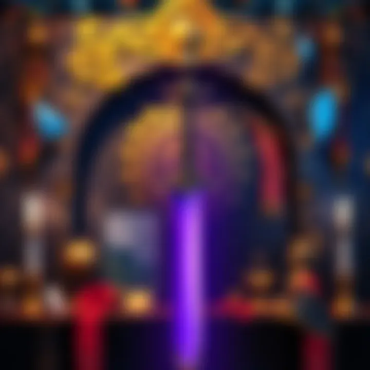 A vibrant purple sword displayed in an ornate setting, showcasing its unique color and design, surrounded by elements of folklore and art.