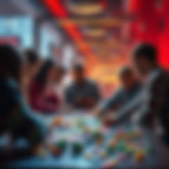 A group of people gathered around a table, discussing strategies to complete the Pursue the Poppet challenge with game pieces scattered around