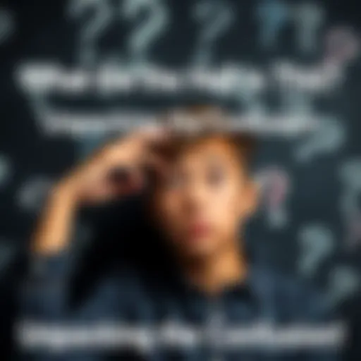 A person scratching their head and looking confused in front of a chalkboard filled with question marks