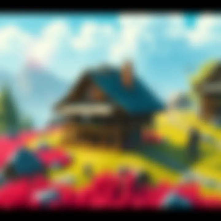 A vibrant game scene showcasing a character interacting with a player-built house, surrounded by diverse skill icons and a colorful landscape, representing various non-subscription MMOs