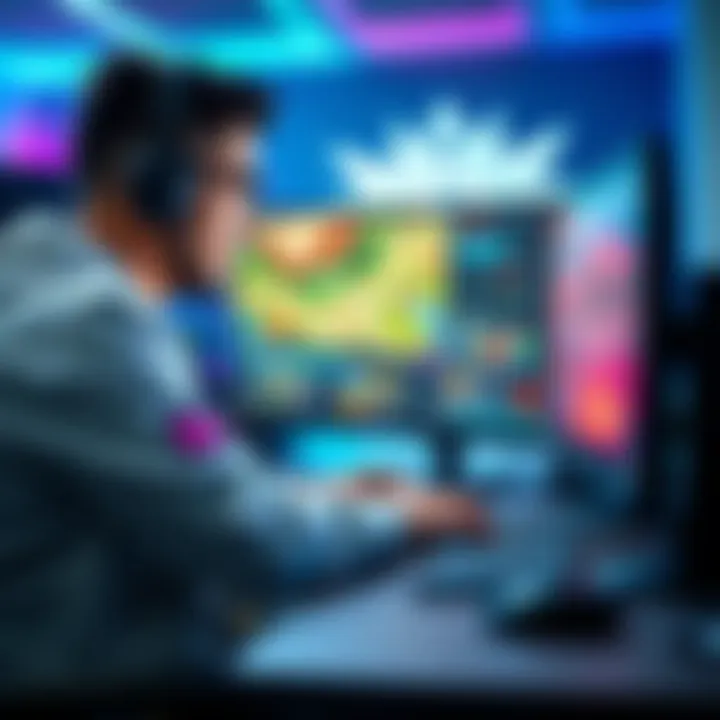 A gamer working on a PVE setup with a computer, showing strategies and guides on the screen.