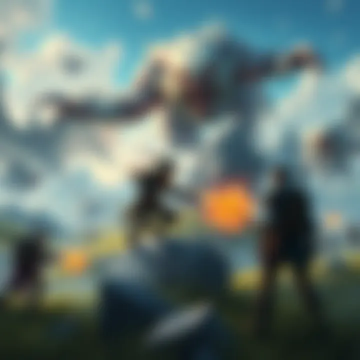 An illustration showing a fantasy landscape with players battling creatures in a cooperative environment, highlighting the focus on player versus environment gameplay.