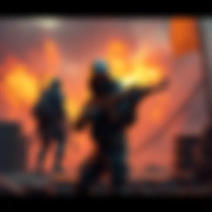 A PVE player stands ready with a weapon, looking cautiously at surroundings while a PVP character approaches in the background.