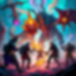 A group of players collaborating in a colorful fantasy world, tackling challenges and defeating monsters together