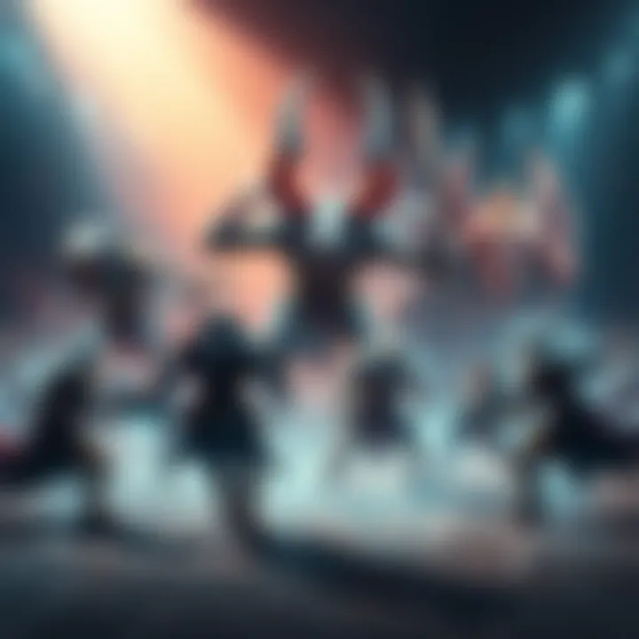 PVE Trials Event Concept Art Concept art showing warriors battling seven unique bosses in a gaming arena, highlighting teamwork and competition for loot