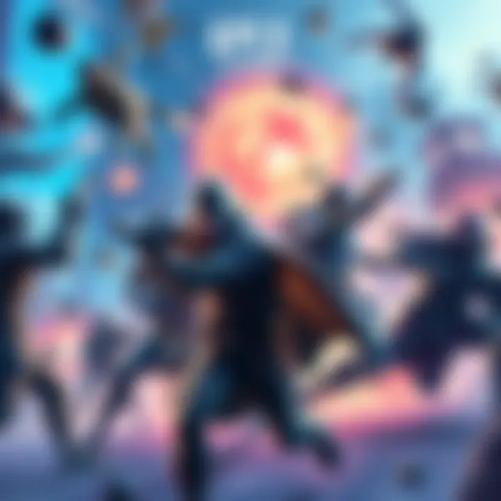 A dynamic scene featuring characters from popular PvP games like Age of Empires 4 and Apex Legends battling in a vibrant arena