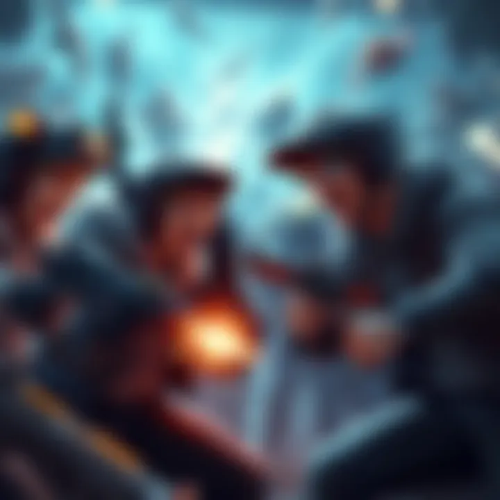 A group of gamers excitedly participating in a PvP match, showcasing various weapons and strategies in an intense gaming scene