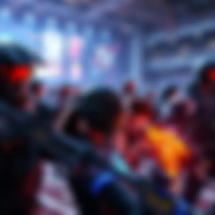 A group of players in a PVP game wearing flashy, overpowered gear while competing.